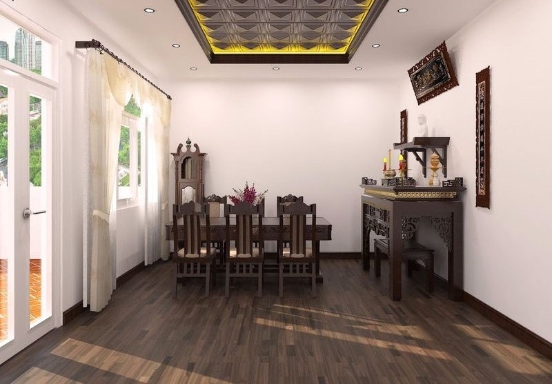 Phòng ăn phong cách truyền thống với bàn gỗ và đèn trần trang trí, ánh sáng tự nhiên từ cửa sổ lớn.