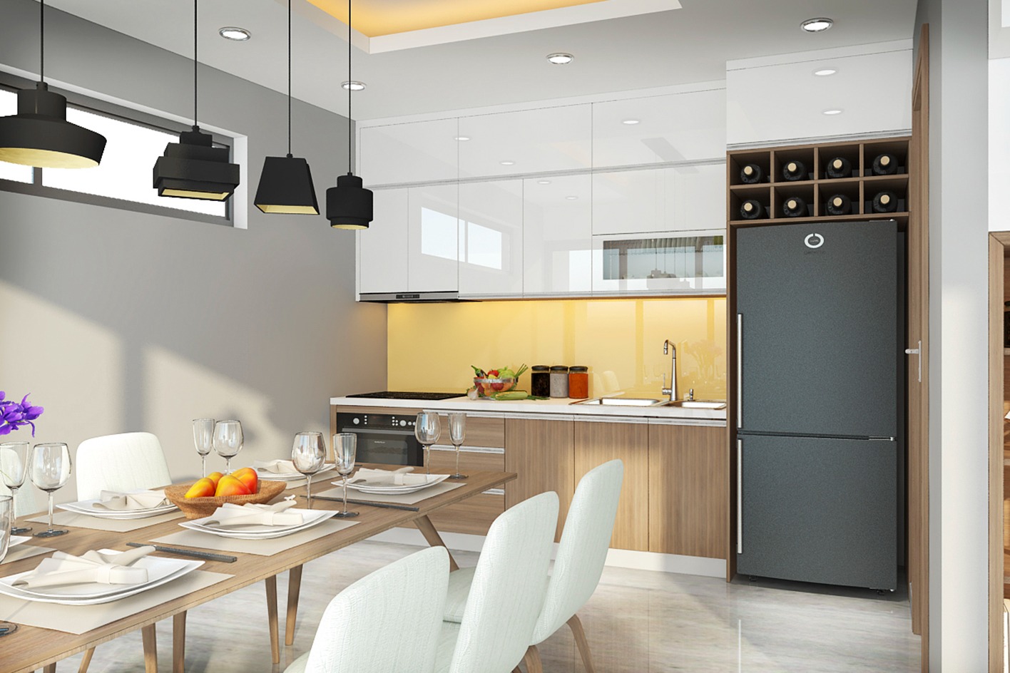 Phòng bếp hiện đại với bàn ăn gỗ và tủ bếp trắng, đèn treo và tủ lạnh.