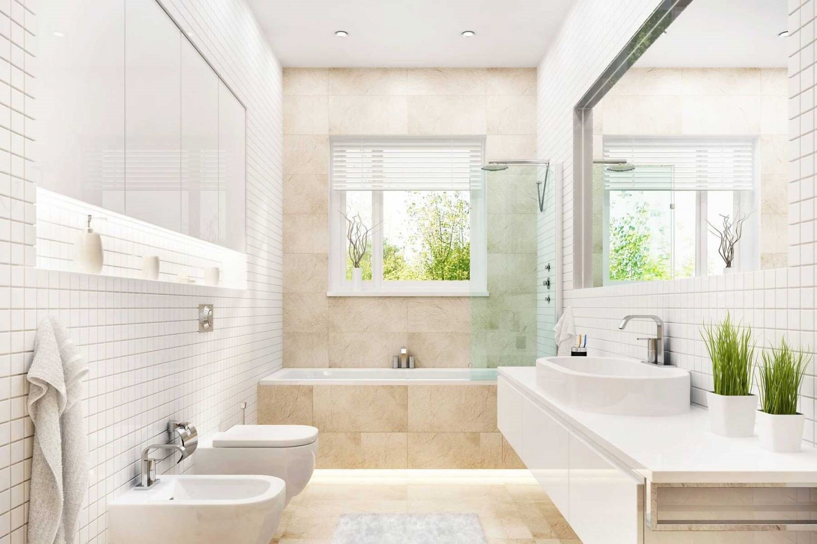 Phòng tắm hiện đại sáng sủa với bồn tắm, vòi hoa sen và lavabo sang trọng, cây xanh trang trí.