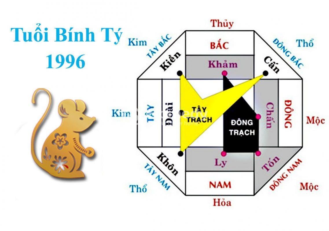 Hình mô tả Bính Tý 1996 với biểu đồ hướng phong thủy, gồm các hướng Kim, Thủy, Mộc, Hỏa, Thổ.