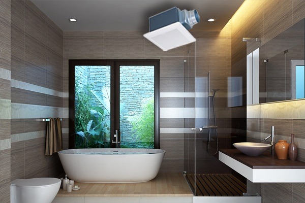 Phòng tắm hiện đại, rộng rãi với bồn tắm đứng và bồn tắm nằm, ánh sáng tự nhiên từ cửa kính.