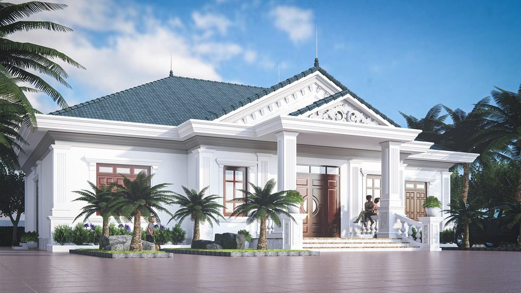 Nhà biệt thự mái thái sang trọng với cột trụ lớn, xung quanh có cây cảnh xanh tốt, bầu trời trong xanh.