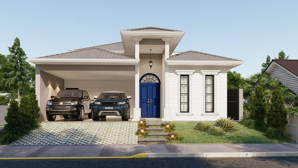 Nhà một tầng hiện đại với sân, cửa xanh dương, và xe hơi đỗ trong garage, cây xanh bên cạnh.