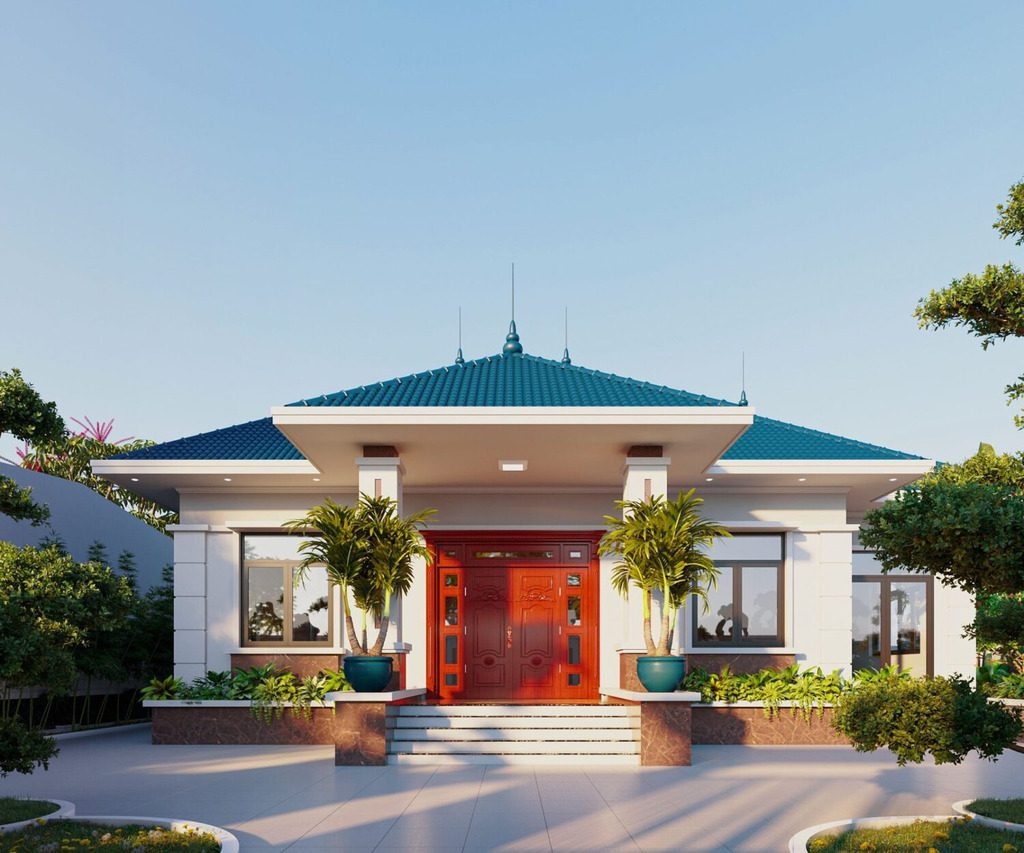 Nhà cấp 4 mái Nhật hiện đại với cửa gỗ đỏ, sân vườn xanh mát, thiết kế thanh lịch tại nông thôn.