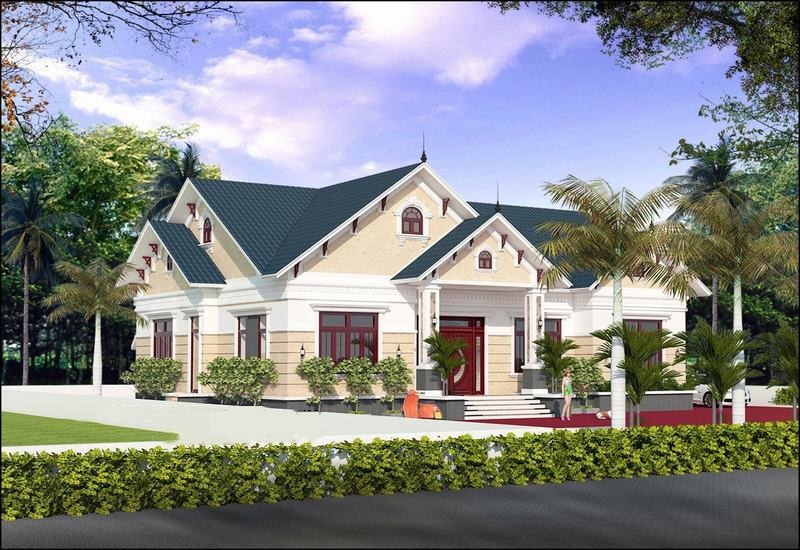 Biệt thự nhà vườn hiện đại, mái xanh, cột trắng, cây xanh xung quanh, bầu trời trong xanh.