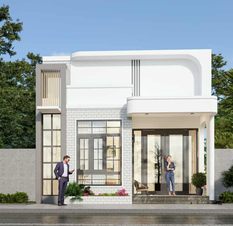 Ngôi nhà phong cách hiện đại, mái bằng, với hai người đứng phía trước, bầu trời trong xanh.