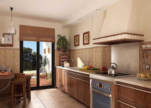 Nhà bếp hiện đại với tủ gỗ, nội thất tinh tế, cửa sổ kính lớn nhìn ra ban công thoáng mát và nhiều ánh sáng.