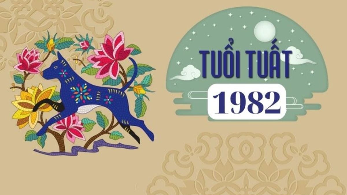Hình minh họa tuổi Tuất 1982 với chó xanh và hoa sen nhiều màu sắc, nền vàng nhạt.
