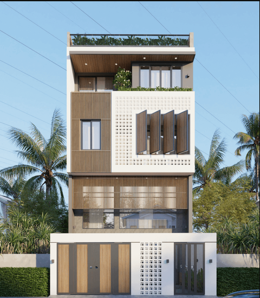 Nhà hiện đại ba tầng với thiết kế gỗ và cây xanh, nổi bật giữa phong cảnh nhiệt đới với trời xanh và cọ.