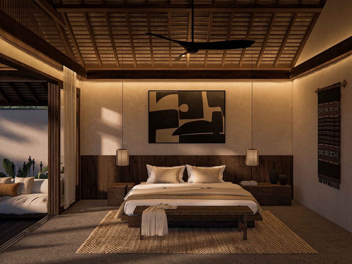 Phòng ngủ phong cách Á Đông với giường gỗ, tranh nghệ thuật và ánh sáng tự nhiên ấm áp.