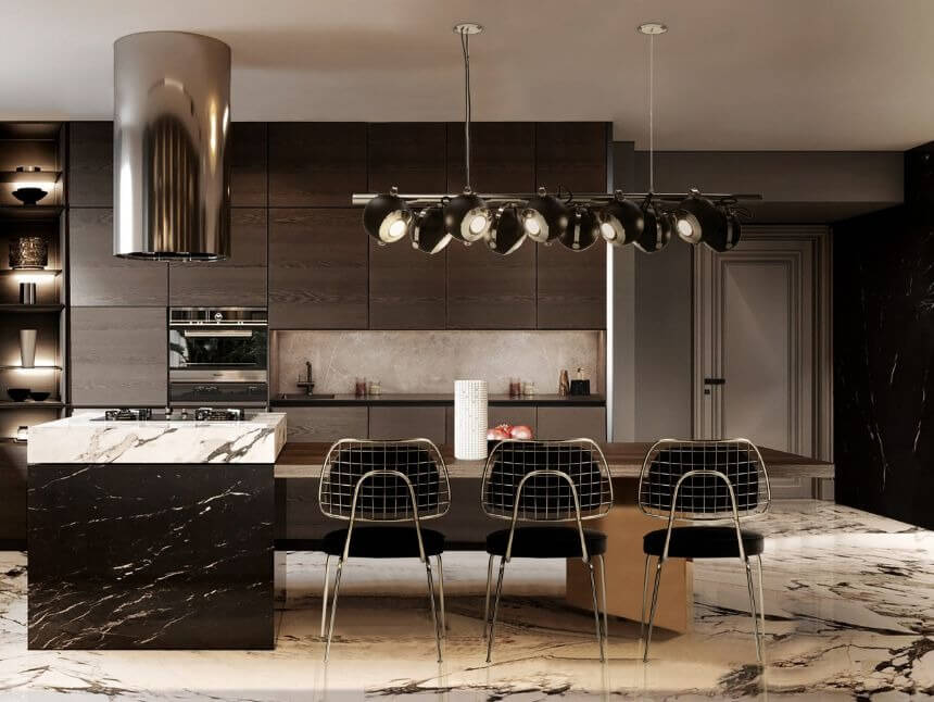 Phòng bếp hiện đại với nội thất gỗ tối màu, bàn đá cẩm thạch, và đèn treo trang trí phong cách.