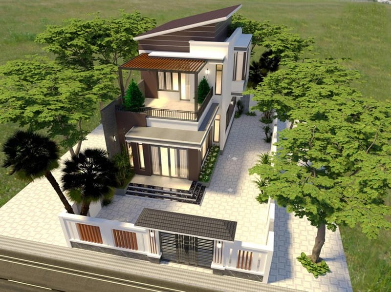 Thiết kế nhà hiện đại hai tầng với sân vườn xanh mát và kiến trúc sang trọng, nhìn từ trên cao.