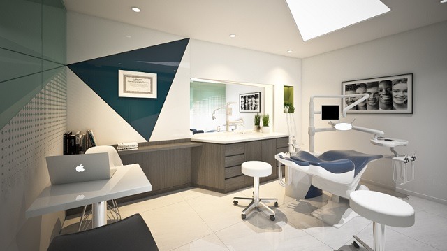 anh-sang-van-phong-nha-khoa Phòng khám nha khoa hiện đại với ghế nha khoa, máy tính xách tay và trang trí nội thất sáng tạo.