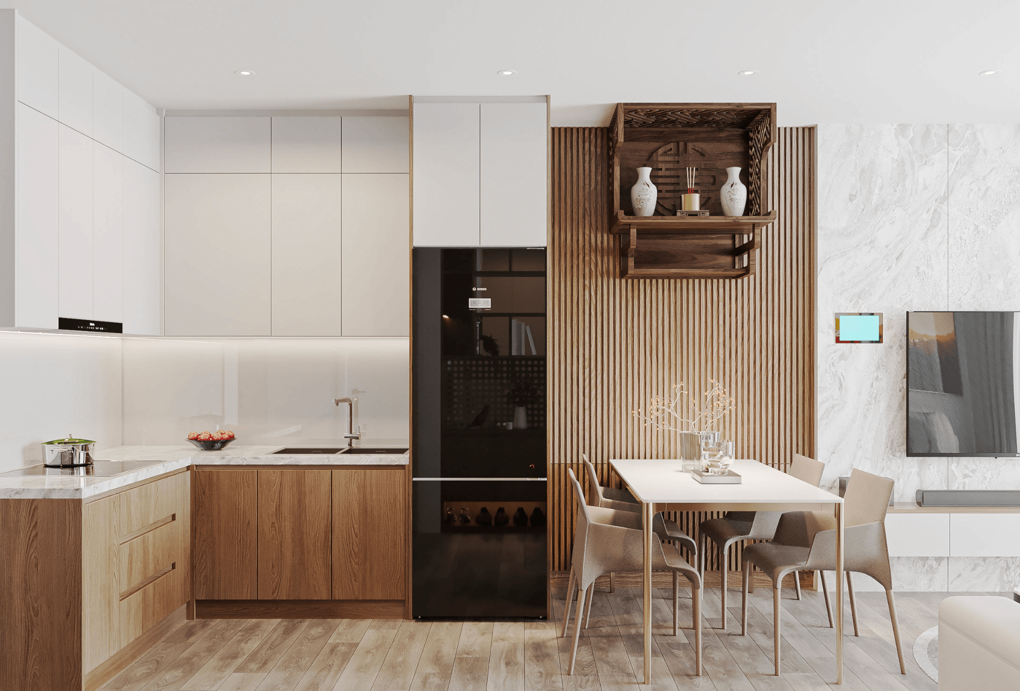 Nhà bếp hiện đại với tủ bếp trắng, bàn ăn gỗ và tủ lạnh đen sáng bóng.