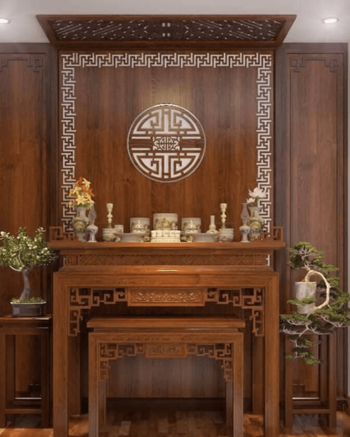 Bàn thờ gỗ truyền thống với họa tiết tinh xảo và bình hoa trang trí, mang đậm nét văn hóa Việt Nam.