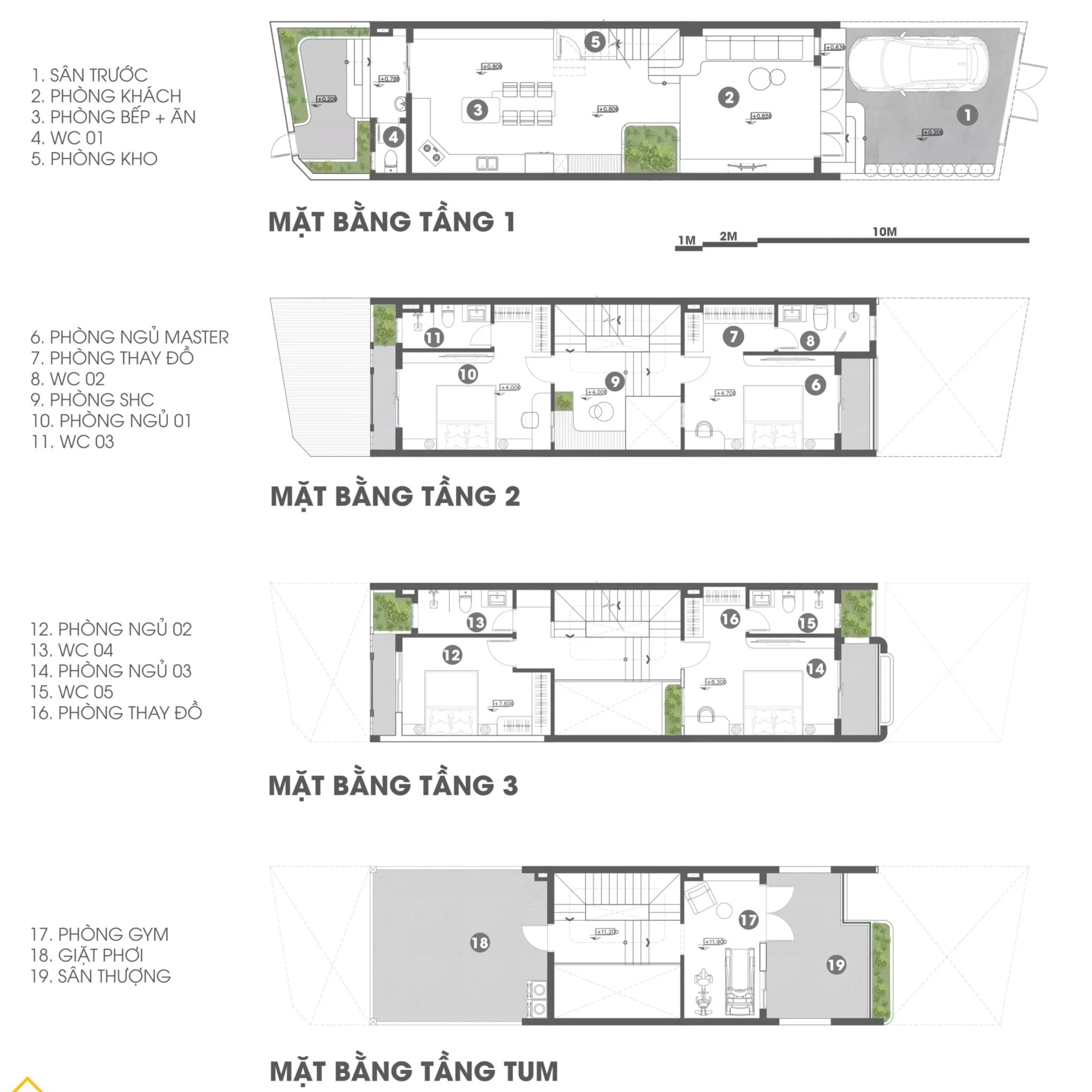 Bản vẽ công năng mẫu thiết kế nhà 3 tầng 1 tum 5x24m
