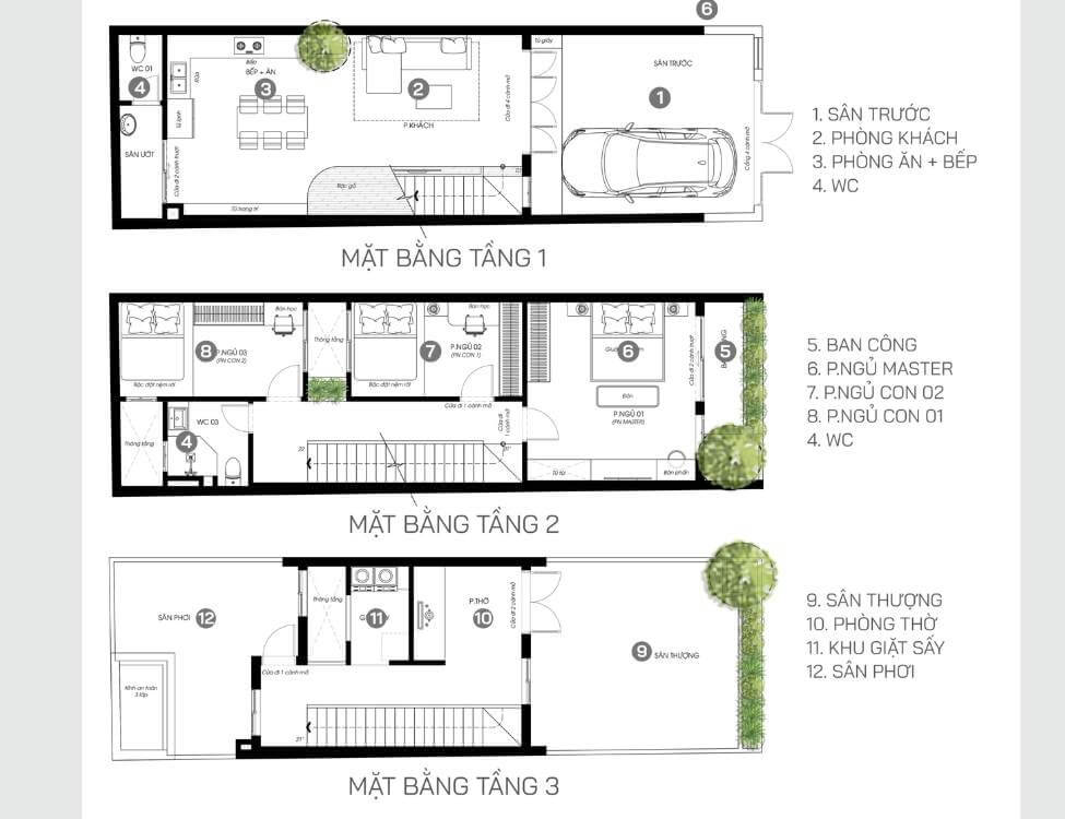 ban-ve-cong-nang-nha-5x16m-3-tang-co-gara Sơ đồ nhà ba tầng với phòng khách, phòng ngủ và các tiện ích khác rõ ràng, chi tiết.