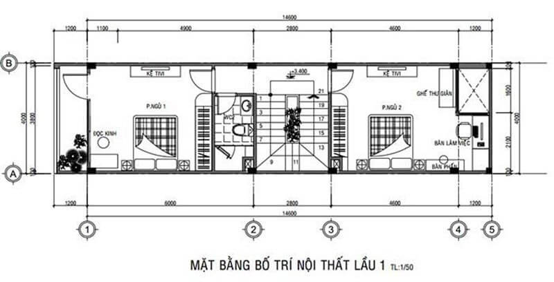 Mặt bằng bố trí nội thất lầu 1 nhà phố với hai phòng ngủ, phòng khách và phòng tắm.