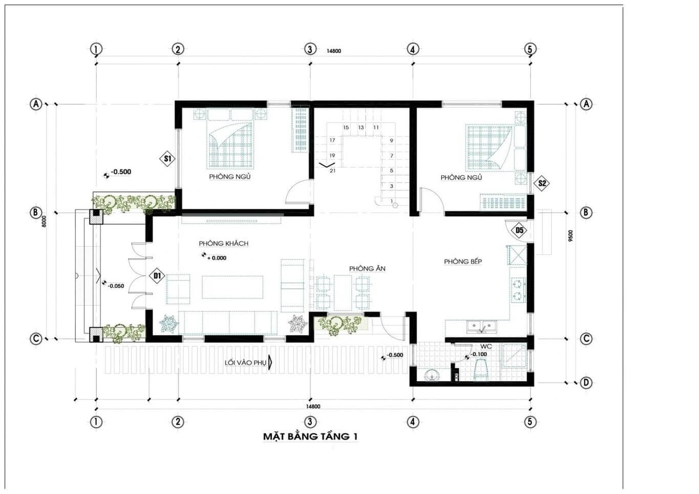 Bản vẽ mặt bằng tầng 1 nhà 2 tầng 100m2