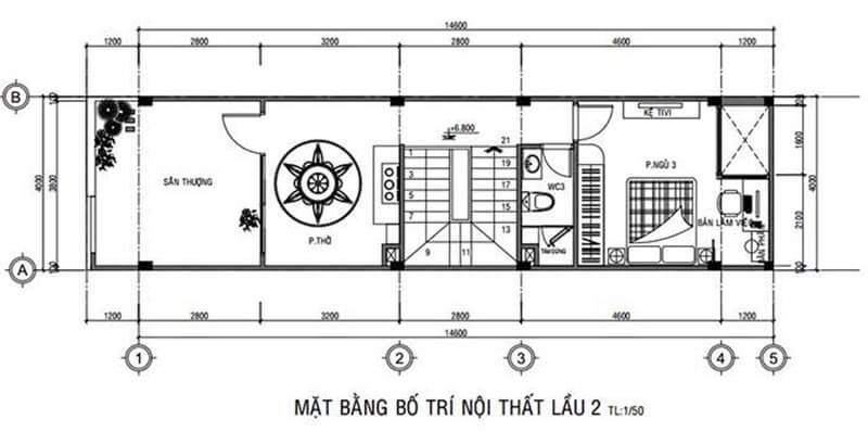 Bản vẽ mặt bằng bố trí nội thất tầng 2 với các phòng và kích thước chi tiết.