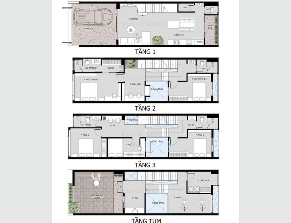 ban-ve-nha-5c39716-4-tang-co-gara-va-san-thuong Bản thiết kế kiến trúc nhà bốn tầng, bao gồm garage, phòng khách, ngủ, bếp, sân thượng và các tiện nghi sinh hoạt.