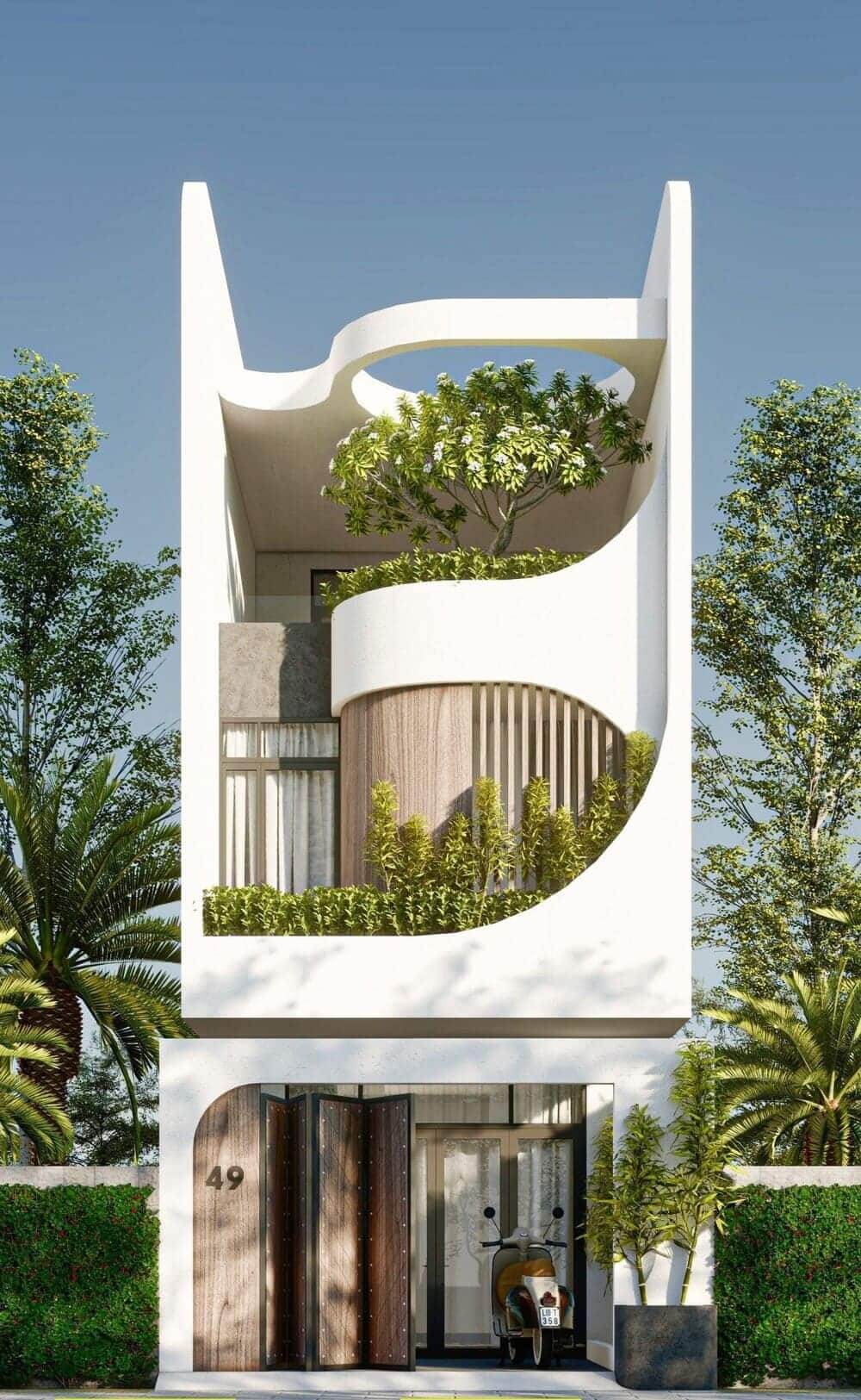 Nhà phố hiện đại với thiết kế mở, cây xanh tại ban công, cửa gỗ uốn cong trước cửa ra vào.