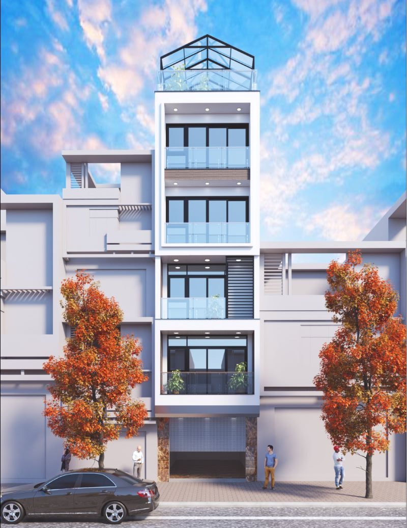 Tòa nhà hiện đại 5 tầng với ban công kính và mái kính, mặt trước có cây xanh và ô tô đỗ bên đường.