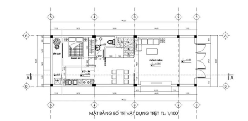 ban-ve-thiet-ke-nha-2-tang-70m2-tai-tang-tret Sơ đồ mặt bằng nhà cấp 1 gồm phòng khách, phòng ngủ, nhà vệ sinh và bếp, tỷ lệ 1/100.