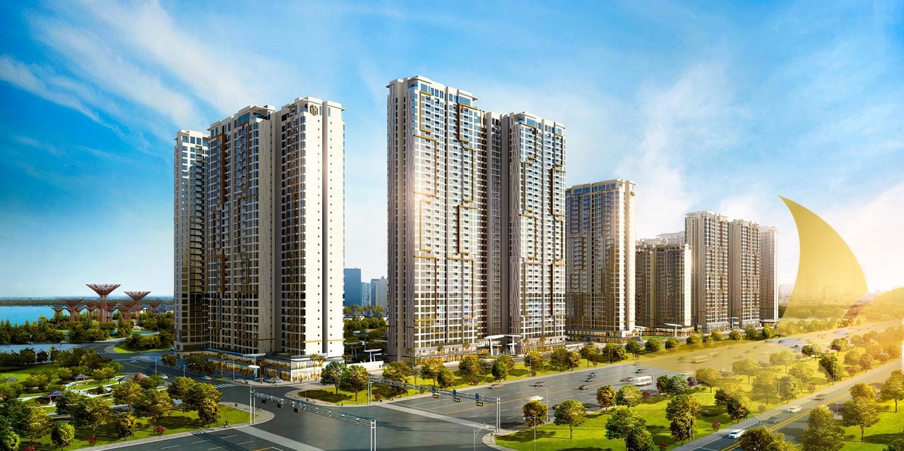 banner_slider Tòa nhà cao tầng hiện đại bên đường rộng, cạnh công viên xanh và view sông, dưới bầu trời xanh nắng đẹp.