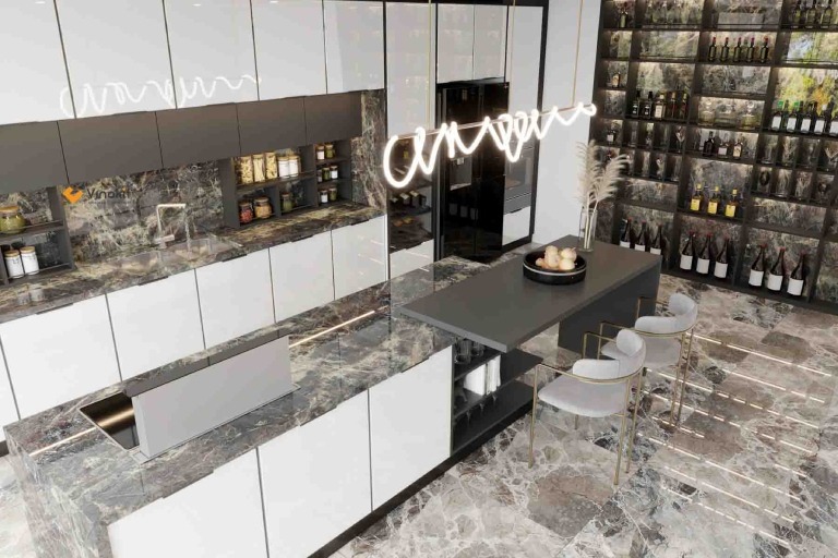 bep-chu-i-thiet-ke-dong1-1 Nhà bếp hiện đại với mặt đá cẩm thạch, tủ gỗ trắng, bàn ăn và đèn trang trí sang trọng.