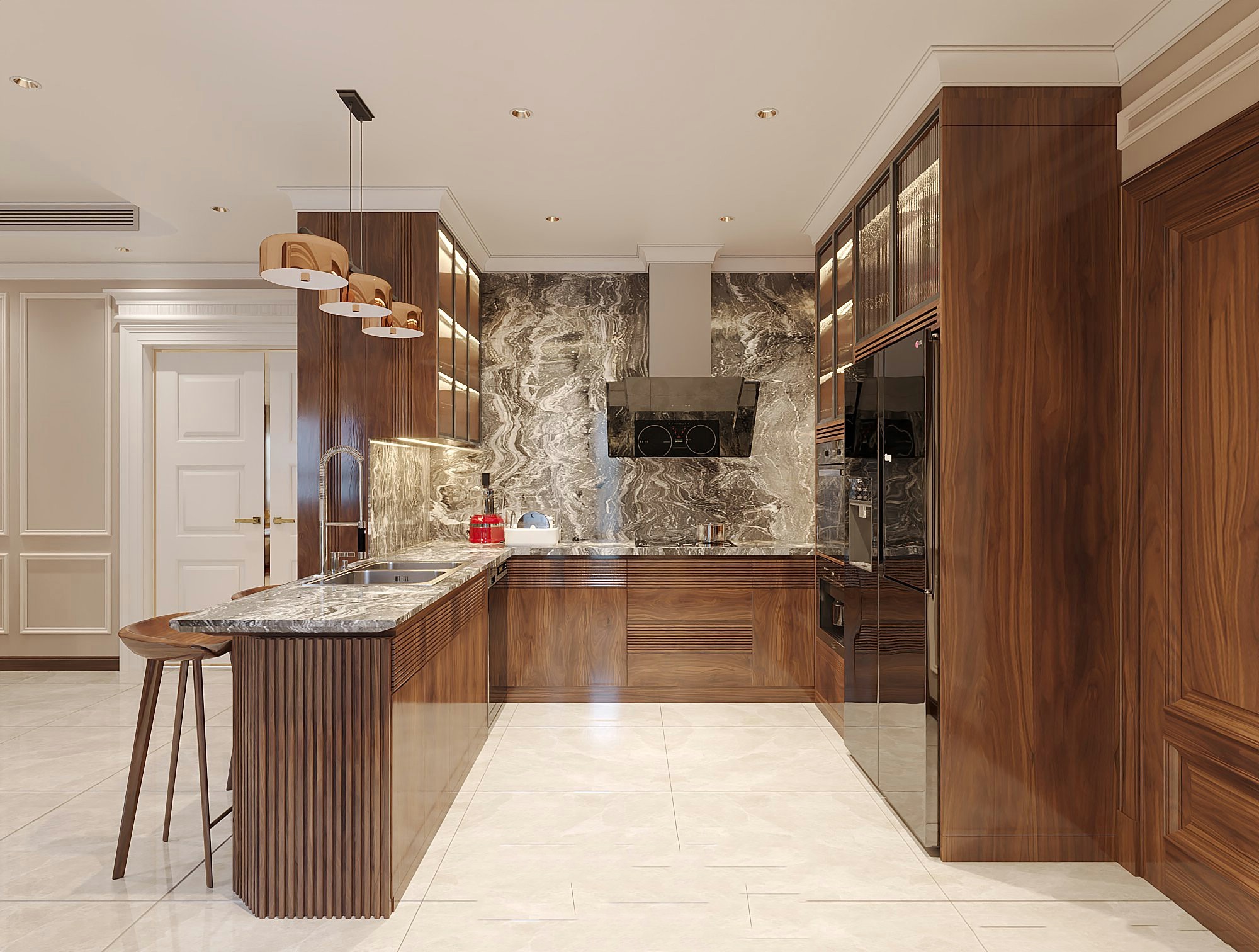 Nhà bếp hiện đại với tủ gỗ cao cấp, bề mặt đá hoa văn sang trọng, đèn trang trí ấm áp.