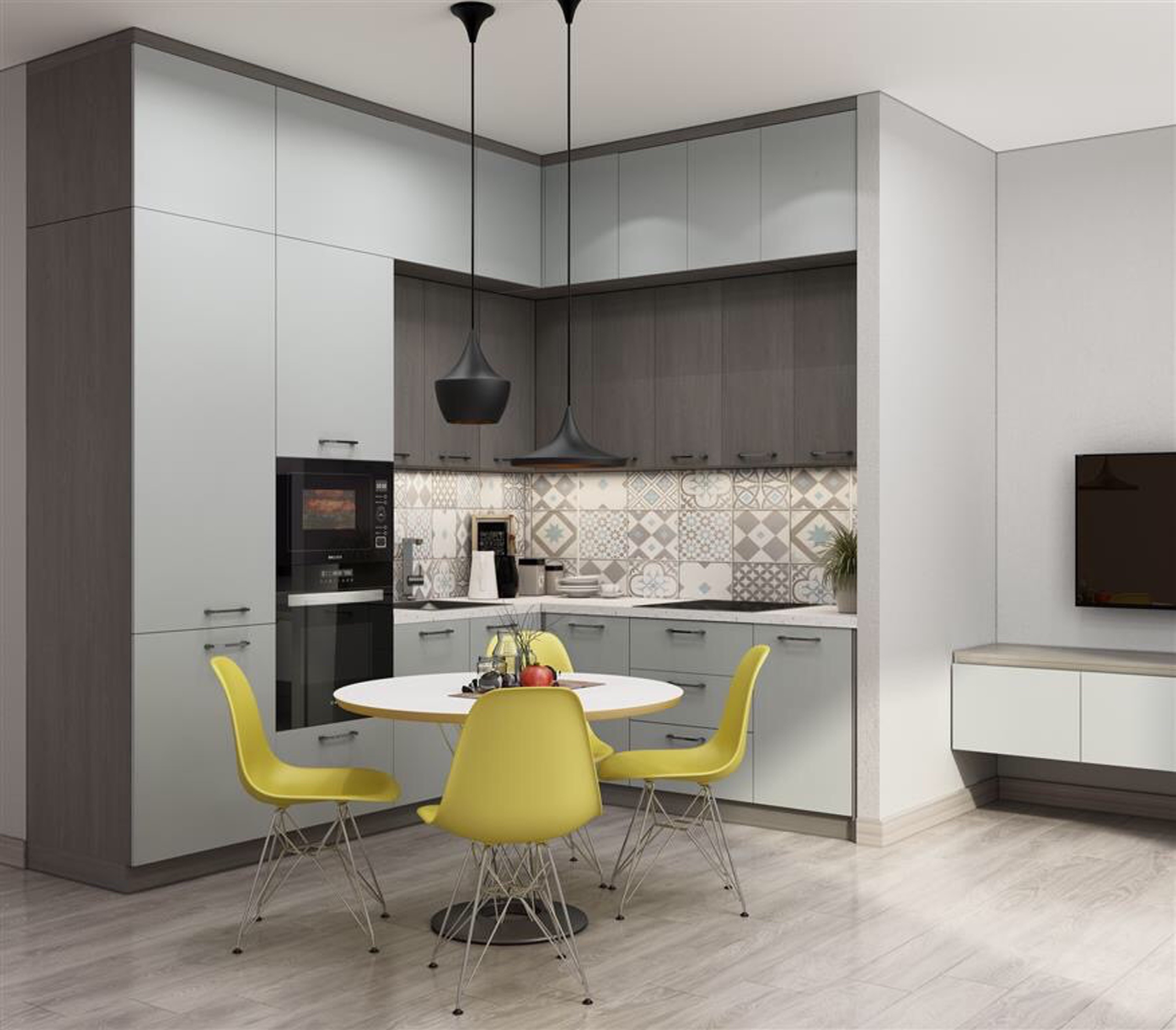 Nhà bếp hiện đại với bàn tròn và ghế màu vàng, tủ gỗ tối màu và đèn treo phong cách.