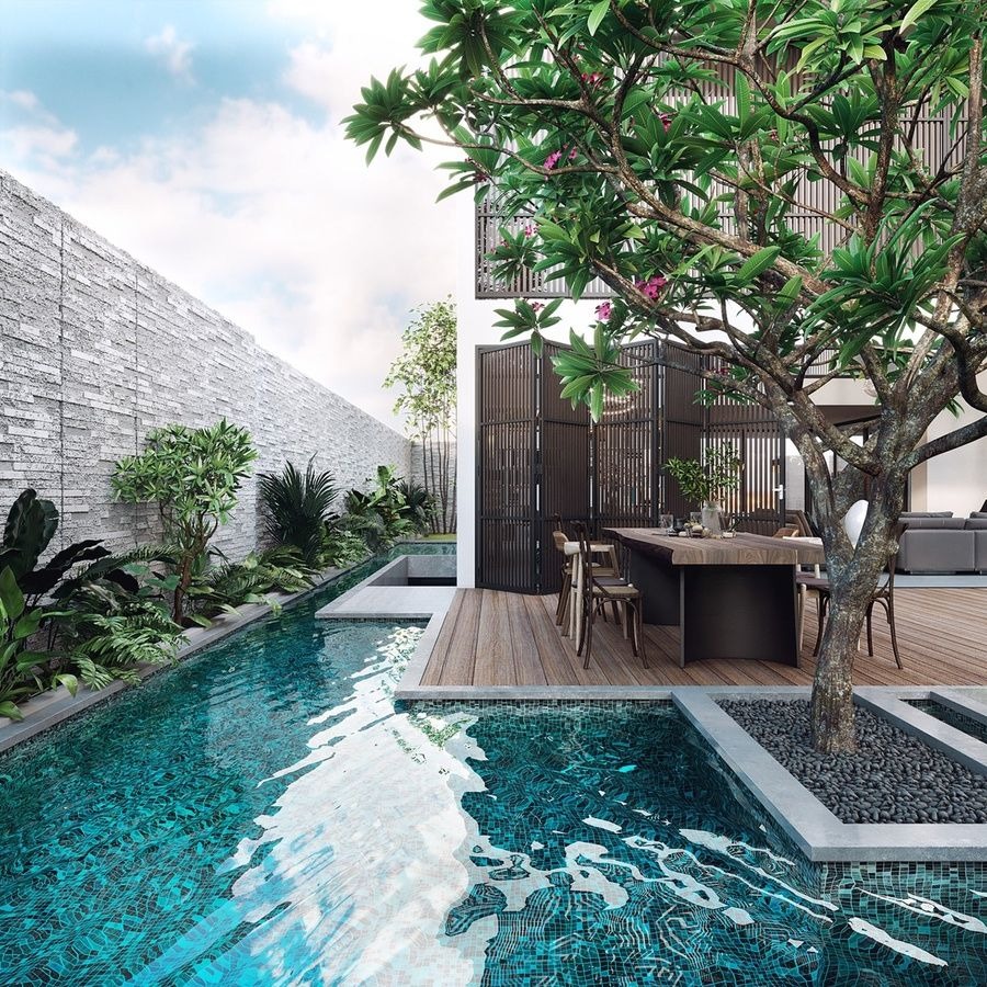 Khu vườn hiện đại với hồ bơi xanh, cây xanh tươi mát cạnh bàn gỗ ngoài trời. Không gian thư giãn yên bình.