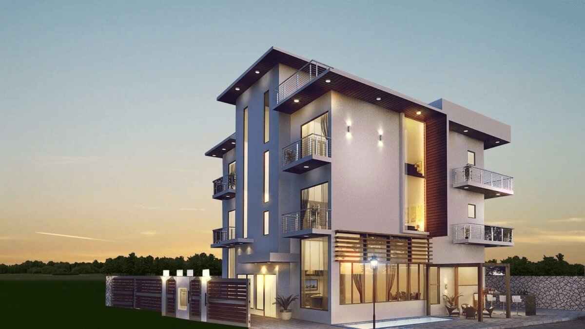 Nhà phố hiện đại ba tầng với thiết kế ban công và ánh sáng ngoài trời vào lúc hoàng hôn.