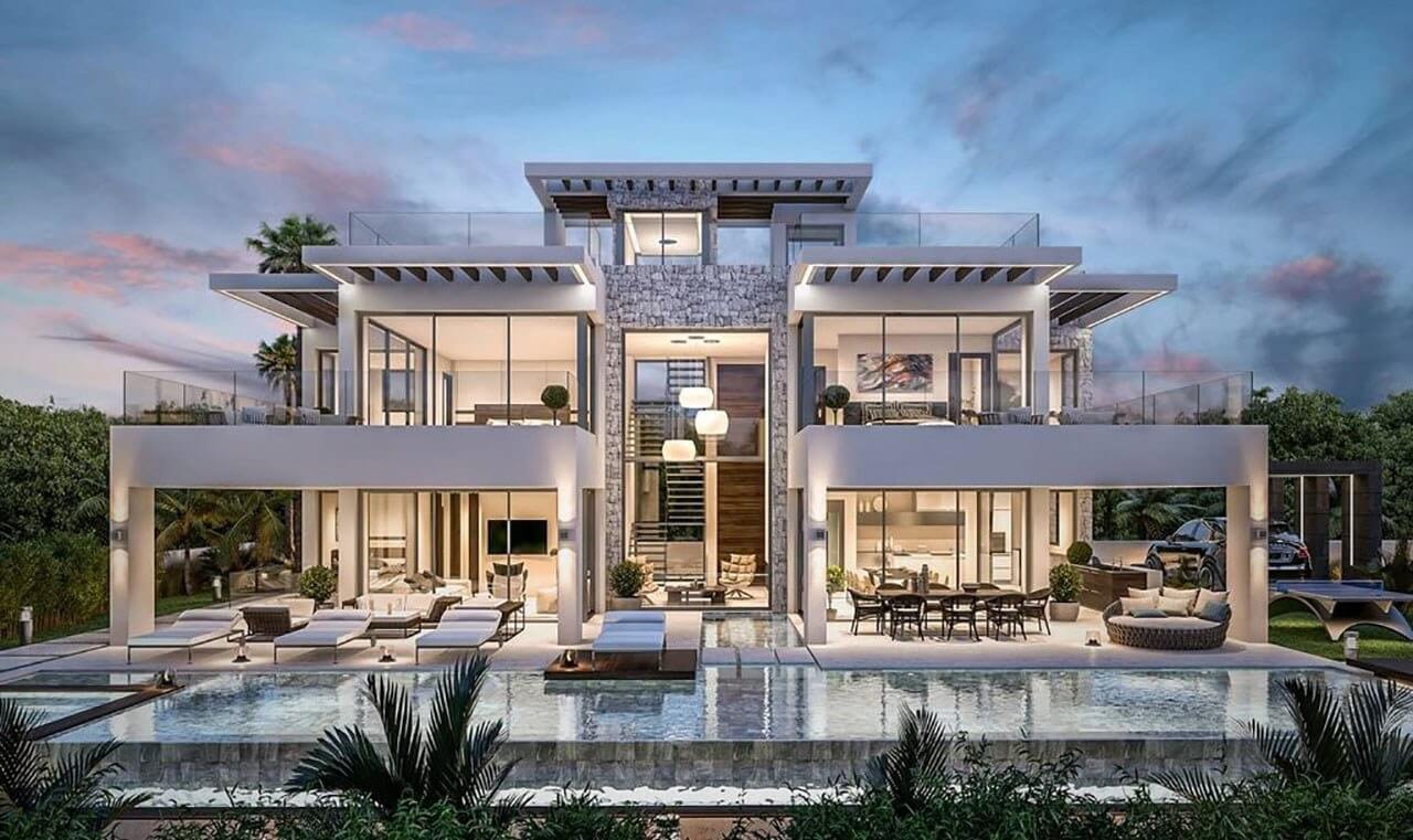 Biệt thự hiện đại với hồ bơi, ánh sáng ban ngày, thiết kế sang trọng, không gian sống mở rộng hướng thiên nhiên.