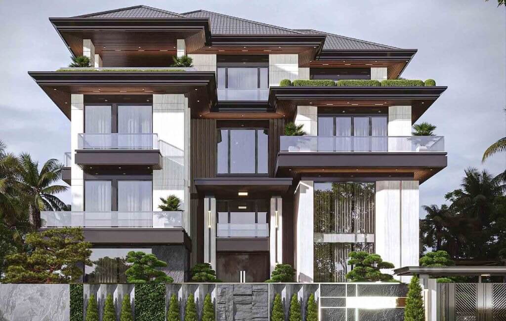 Biệt thự hiện đại ba tầng với thiết kế sang trọng, mái nhà kiểu Châu Âu và cây xanh xung quanh.