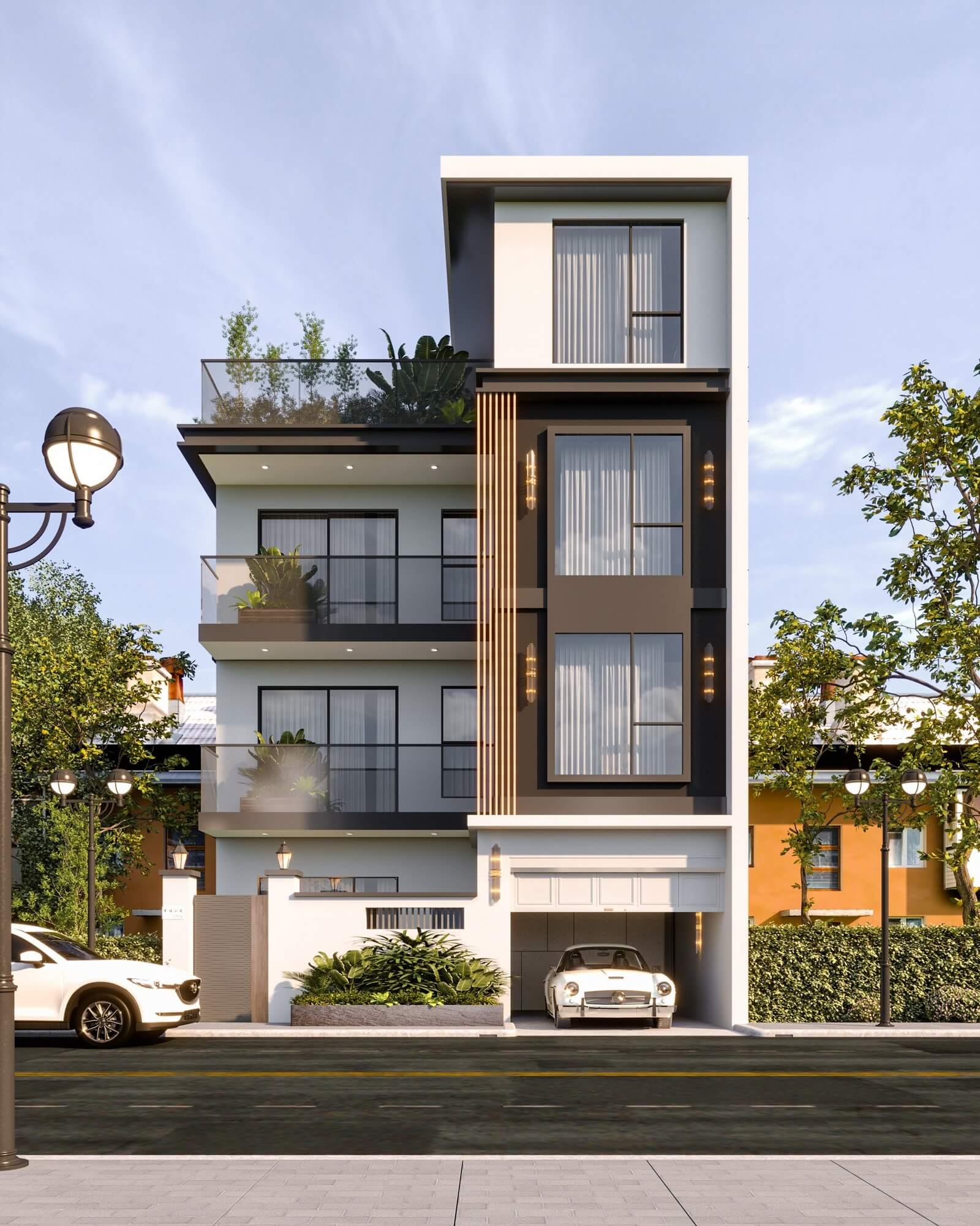 Nhà phố hiện đại 3 tầng với ban công cây xanh và gara, mặt tiền thoáng đãng với thiết kế sang trọng.