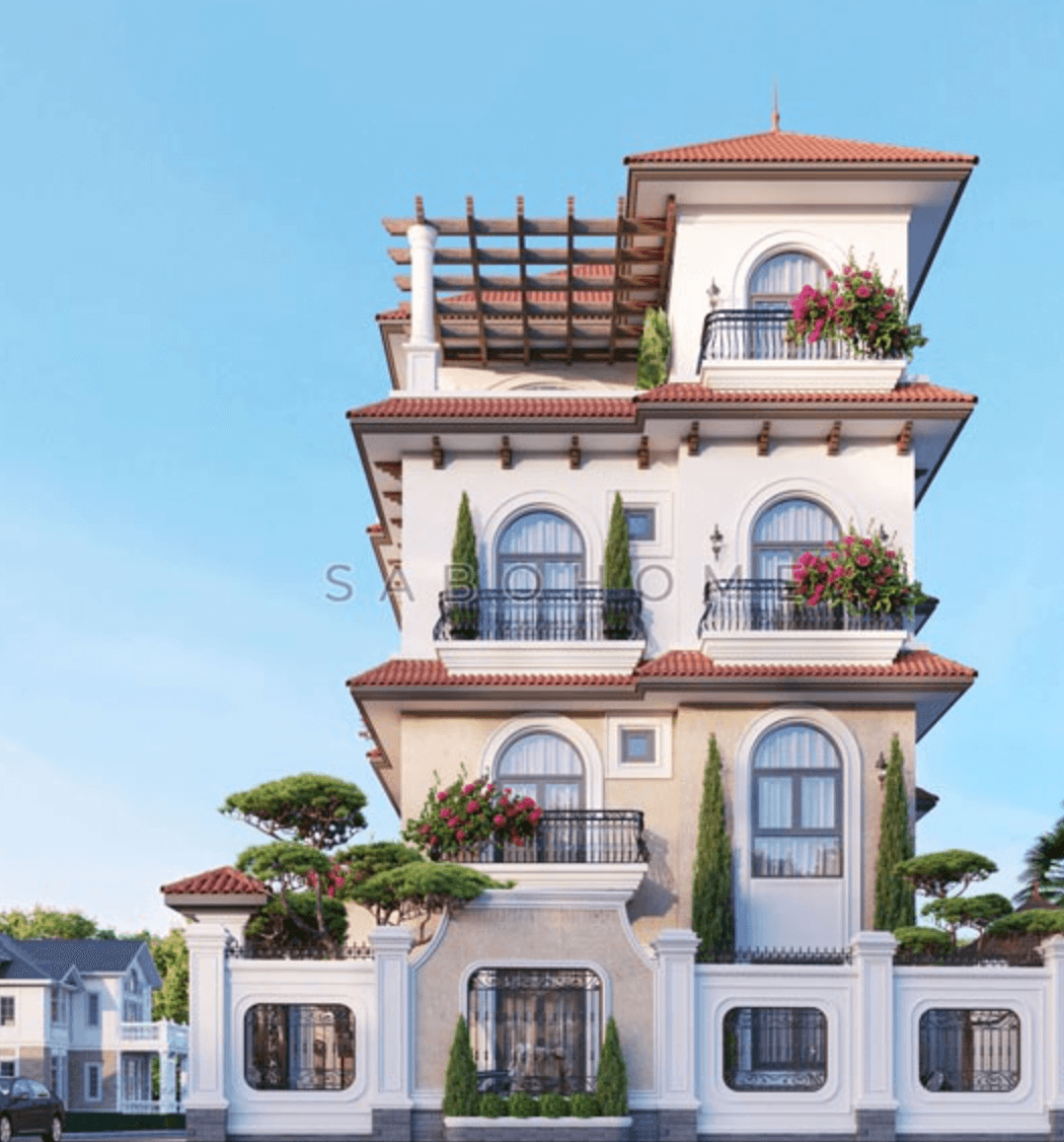 Biệt thự 3 tầng sang trọng với ban công hoa và mái ngói đỏ, nền trời xanh trong trẻo.