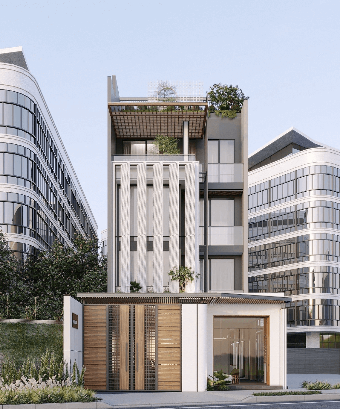 Tòa nhà hiện đại với thiết kế độc đáo, cây xanh trên sân thượng, nằm giữa hai khu văn phòng sáng tạo.