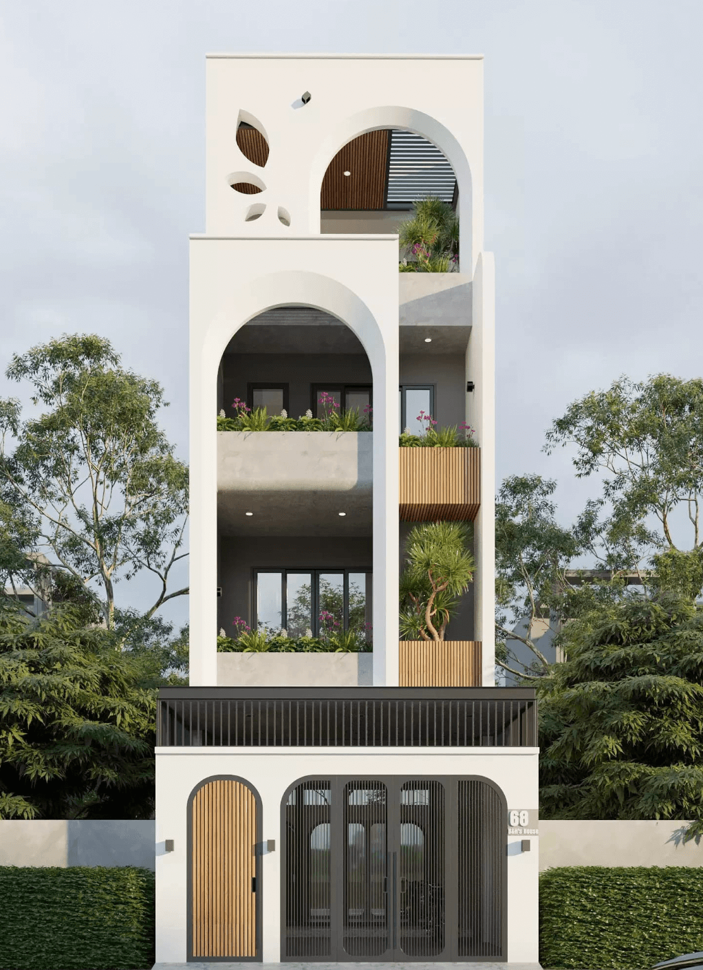 Nhà phố hiện đại 3 tầng, kiến trúc tối giản, ngập tràn cây xanh và ban công rộng rãi.
