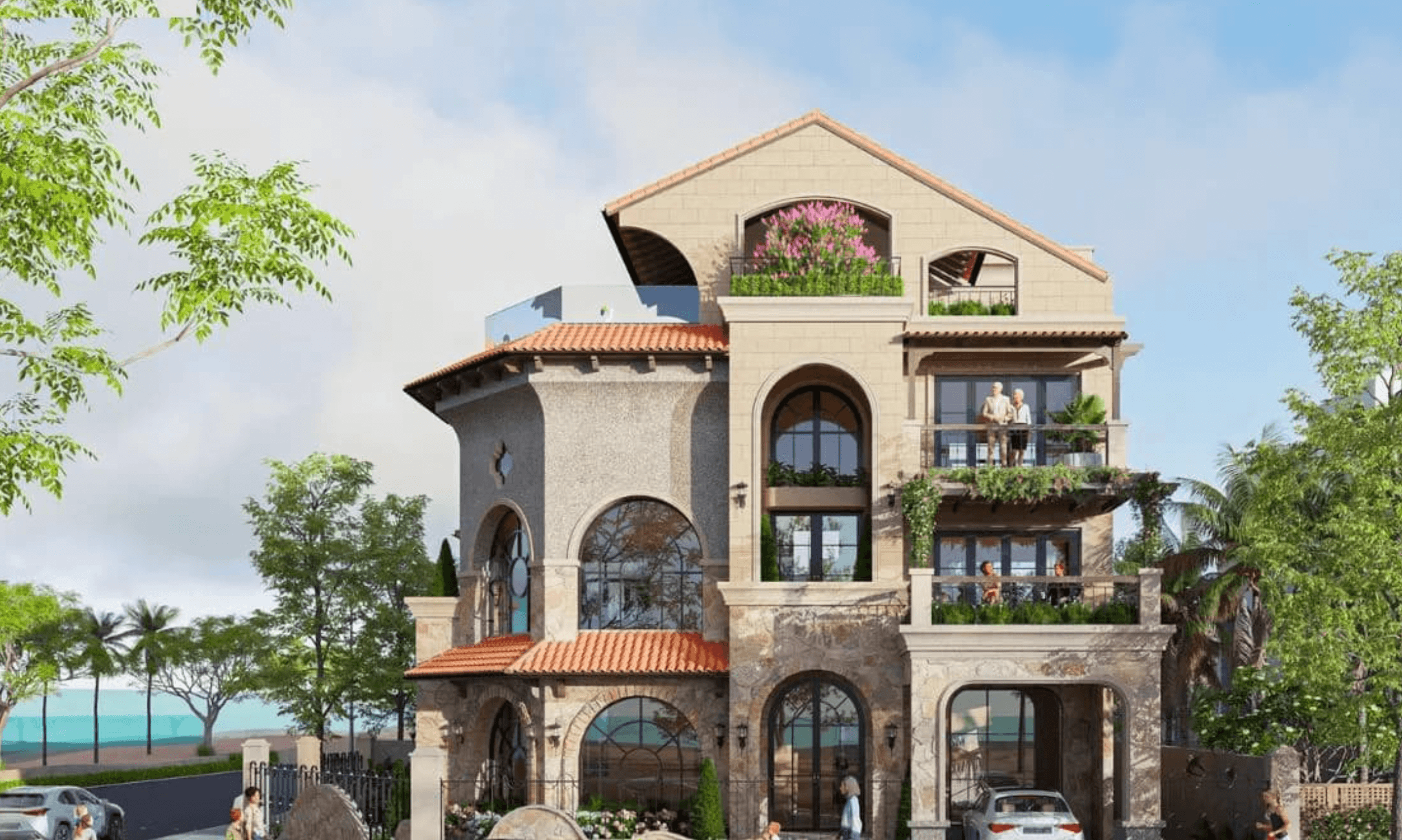 Biệt thự sang trọng gần biển với sân thượng và ban công xanh mát, phong cách kiến trúc hiện đại.