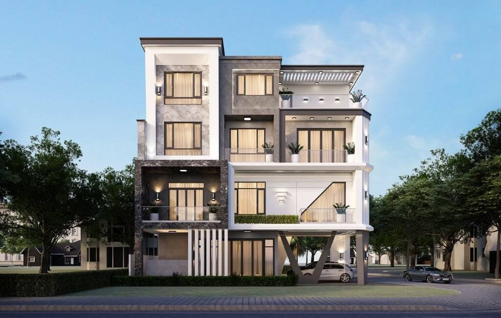 Biệt thự hiện đại 4 tầng với thiết kế tối giản, nhiều cửa kính lớn, xung quanh là cây xanh, nằm trên đường phố yên tĩnh.