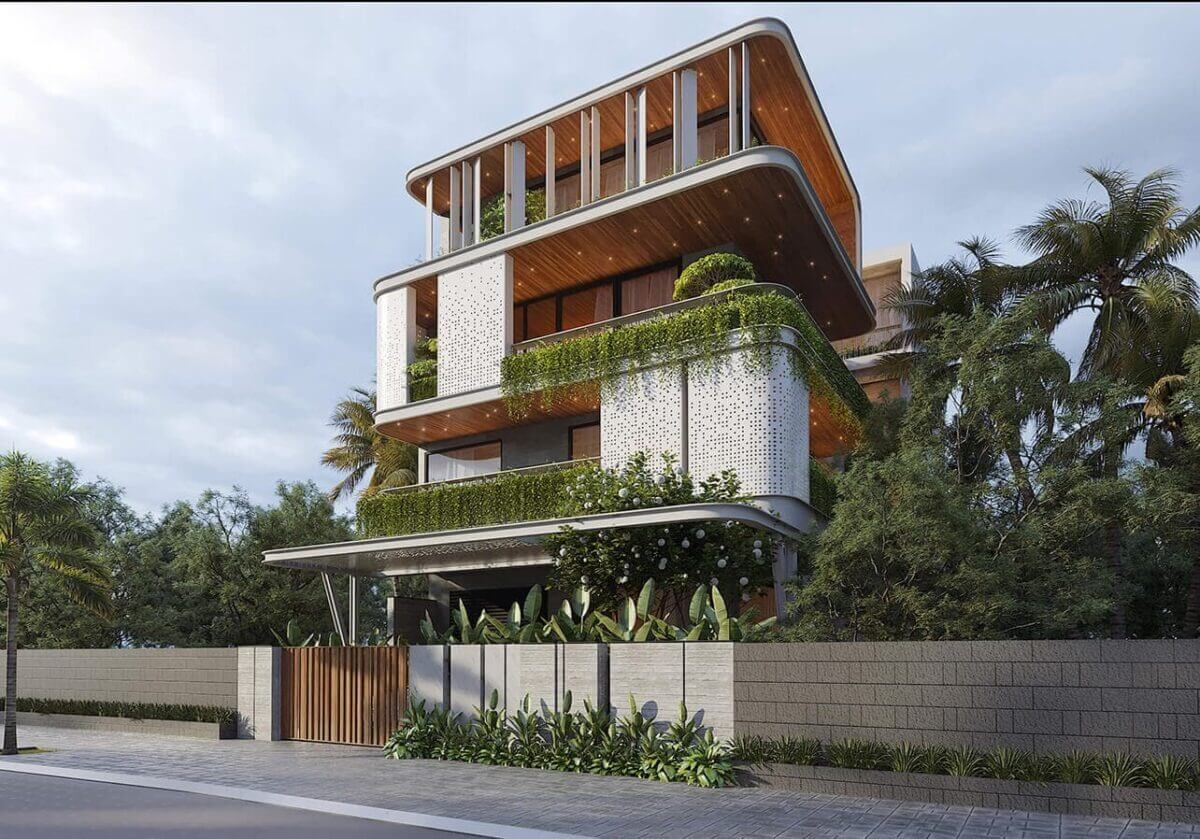 Biệt thự hiện đại với thiết kế xanh, mặt tiền thoáng và nhiều cây xanh xung quanh, phong cách kiến trúc sáng tạo.
