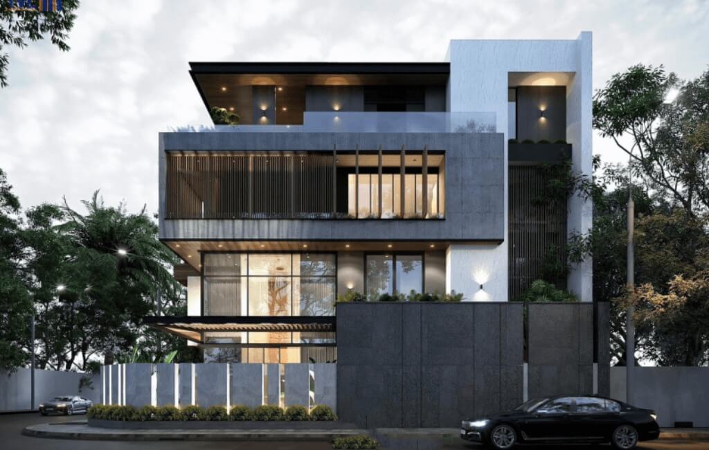Biệt thự hiện đại với thiết kế ba tầng, cửa kính lớn và cây xanh bao quanh.