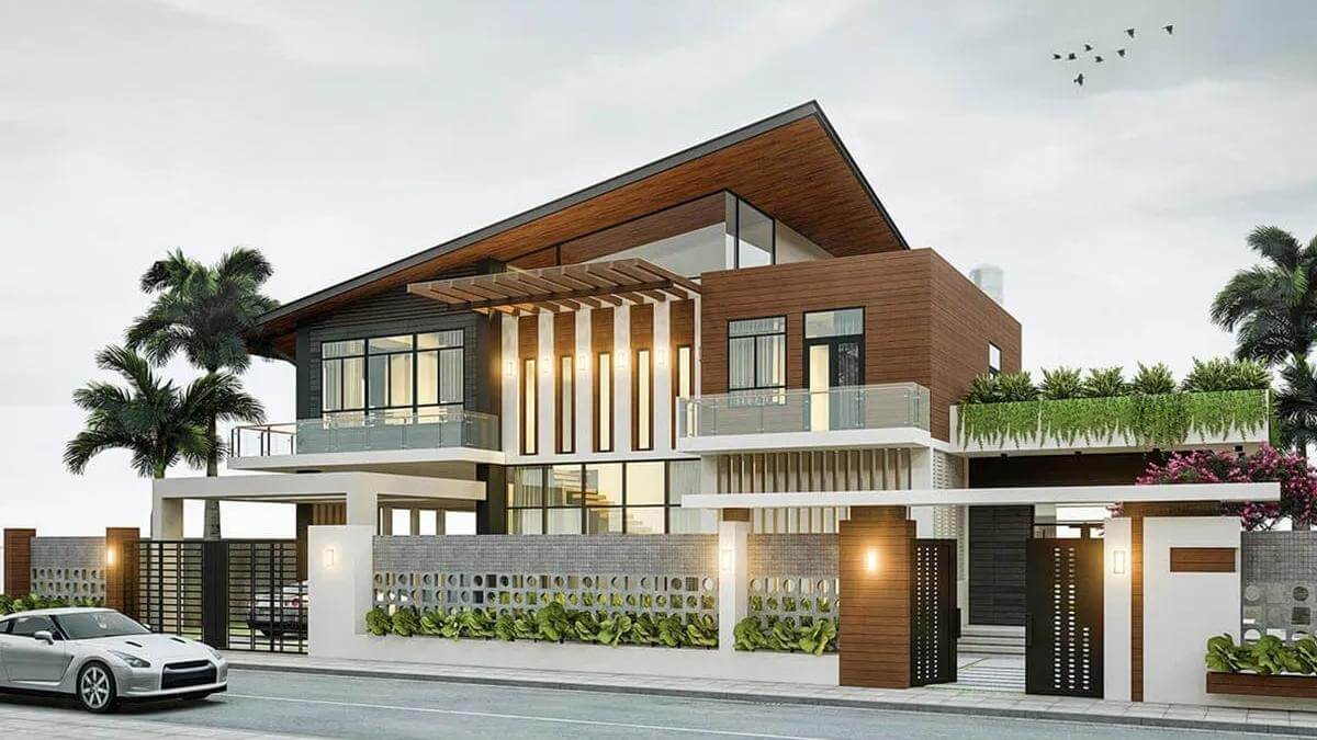 Nhà hiện đại với thiết kế lớn, kết hợp màu nâu và trắng, cây xanh, ô tô phía trước, cảnh quan đương đại.