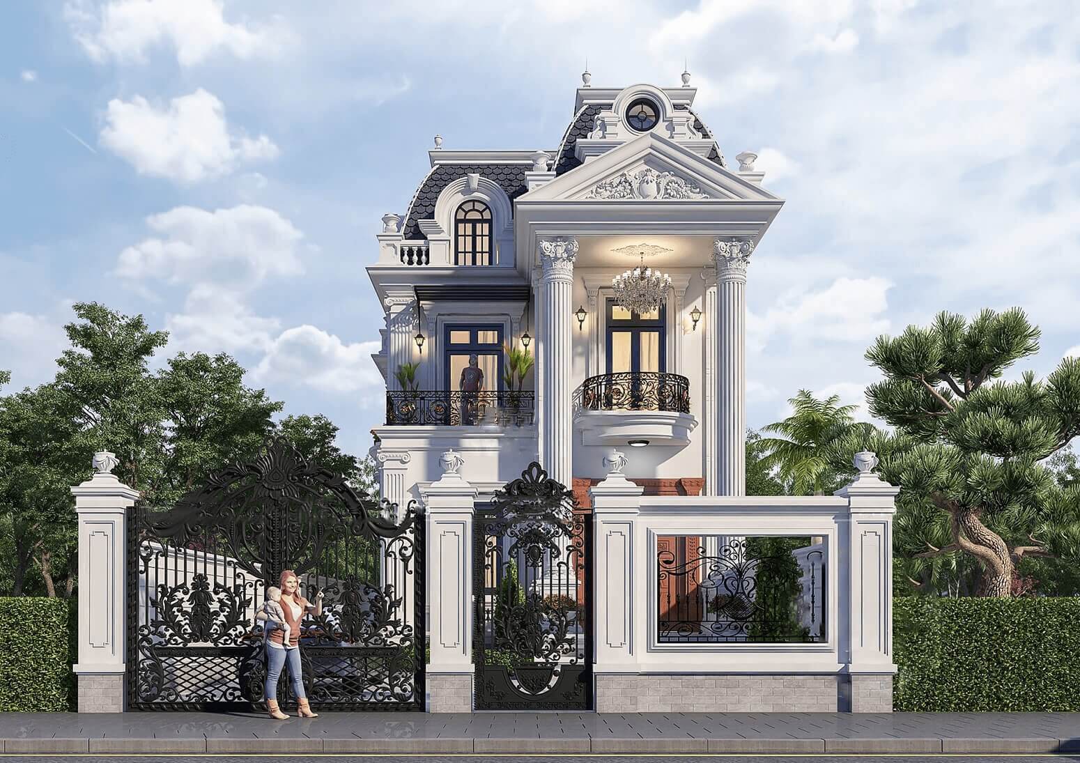 Biệt thự cổ điển ba tầng màu trắng với ban công sắt sang trọng và cảnh quan xung quanh xanh mát.