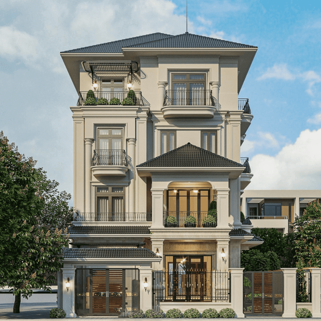 Biệt thự hiện đại với bốn tầng, mái ngói màu xám, ban công rộng ở các tầng, cây xanh xung quanh, bầu trời trong xanh.
