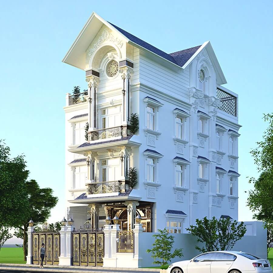 Nhà phố trắng kiểu tân cổ điển với cổng sắt, thiết kế 4 tầng tại thành phố, ô tô đậu trước sân.