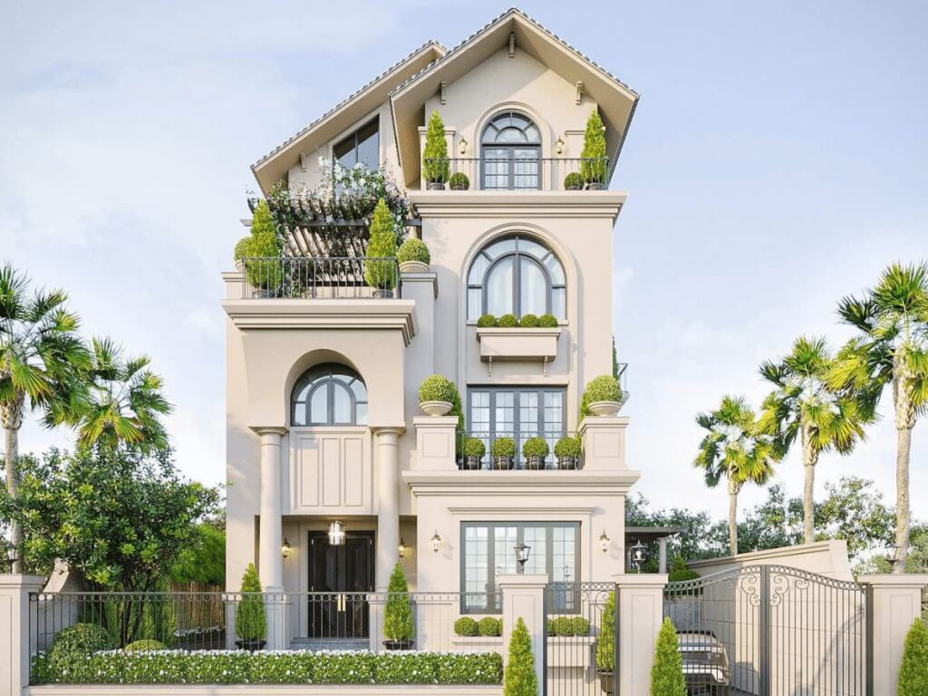 Biệt thự tân cổ điển với sân vườn xanh mát và thiết kế sang trọng, nổi bật giữa khung cảnh thiên nhiên.