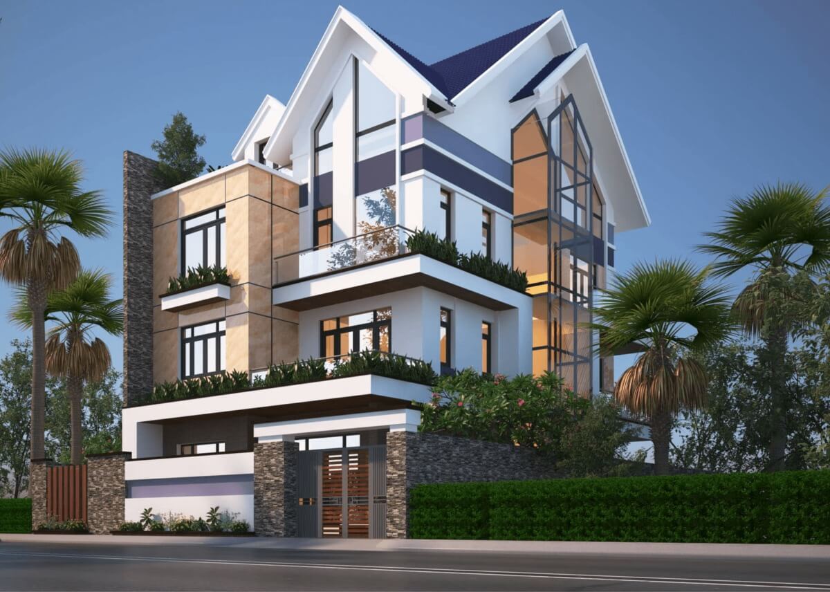 Ngôi biệt thự hiện đại ba tầng với kiến trúc độc đáo, bao quanh bởi cây cối xanh mát.